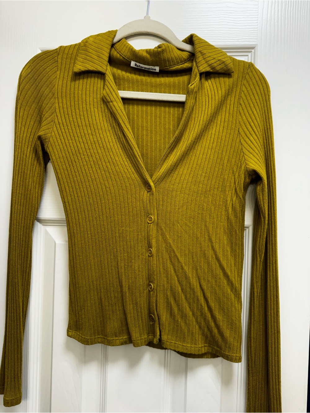 Reformation Women's Ribbed Button-Up Top in Chartreuse